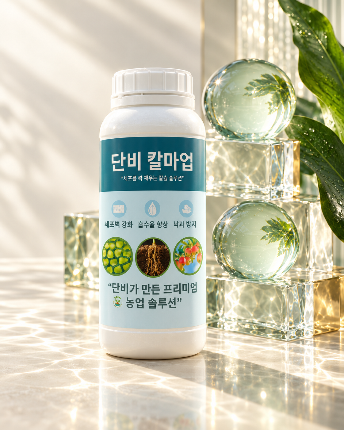 유리 오브젝트와 함께 놓인 단비 칼마업 제품