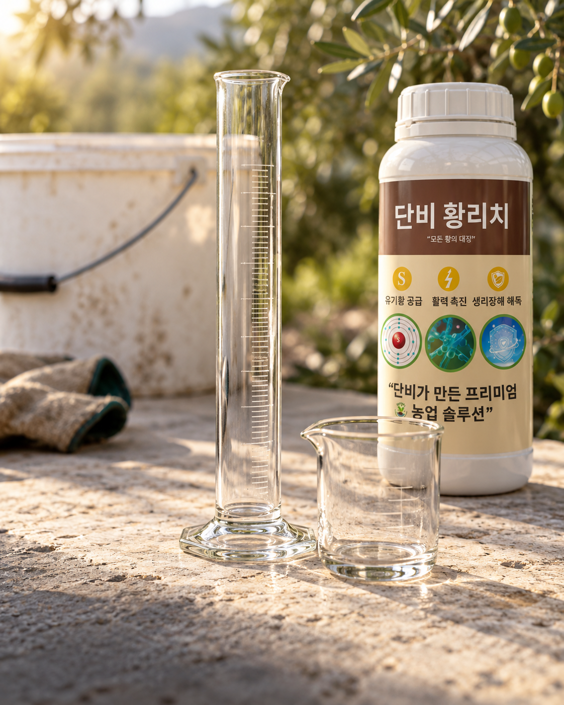 황리치 제품과 유리 계량 도구